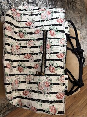 Floral Stripe Tote Bag in White with Pink Roses Farmhouse is my Style